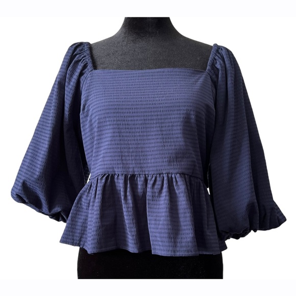 Francesca’s Mi Ami Womens Large Olivia Blue Bow Back Peplum Blouse Top NEW - Picture 1 of 10